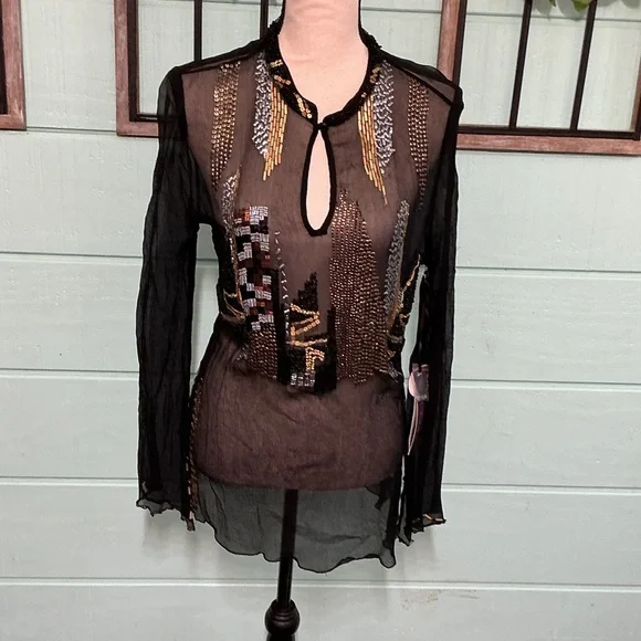 Hale Bob Sheer Embellished Blouse – Beaded – Black – Size S – $249 Retai - Picture 1 of 6